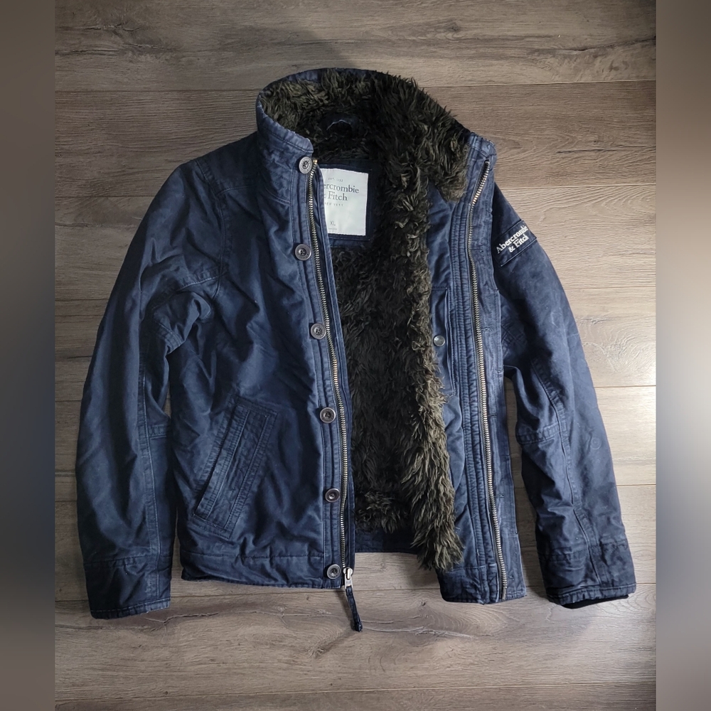 Vintage Abercrombie & Fitch Faux Fur Zip Heavy Jacket Coat Navy Blue Size:XL